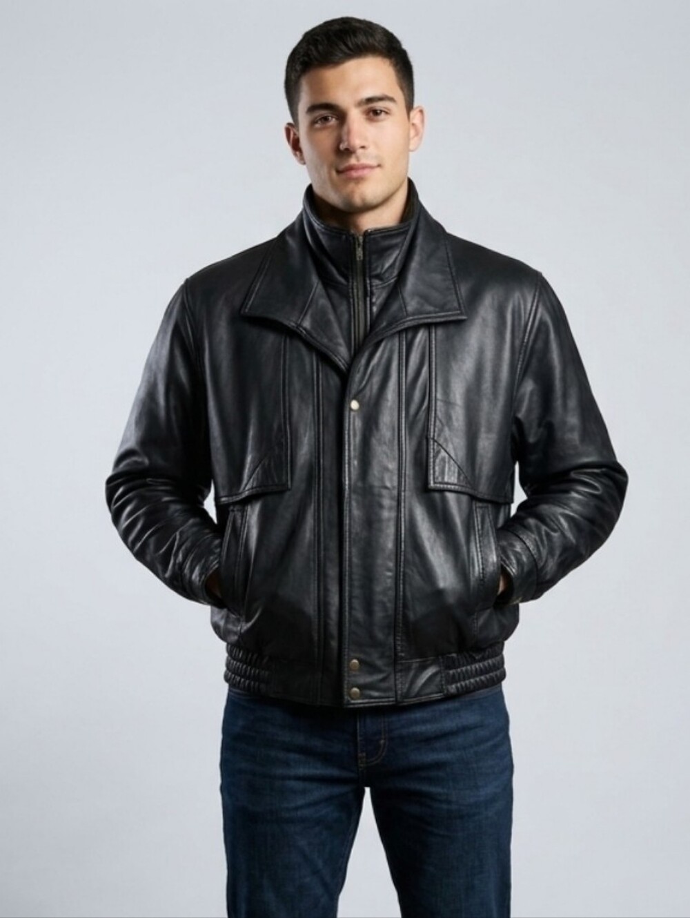 Vintage Ocean West Black Leather Bomber Jacket - Boxy 80s 90s